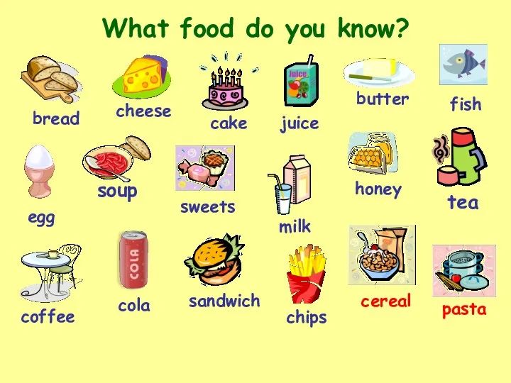 What food do you know? bread sweets cheese cake juice