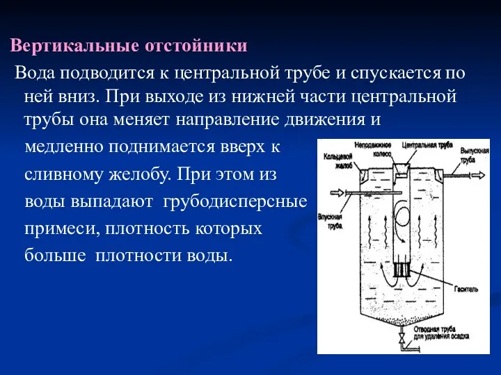 Вертикальные отстойники Вода подводится к центральной трубе и спускается по