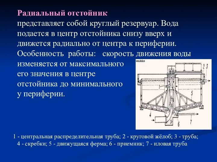 Радиальный отстойник представляет собой круглый резервуар. Вода подается в центр