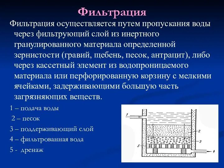 Фильтрация Фильтрация осуществляется путем пропускания воды через фильтрующий слой из