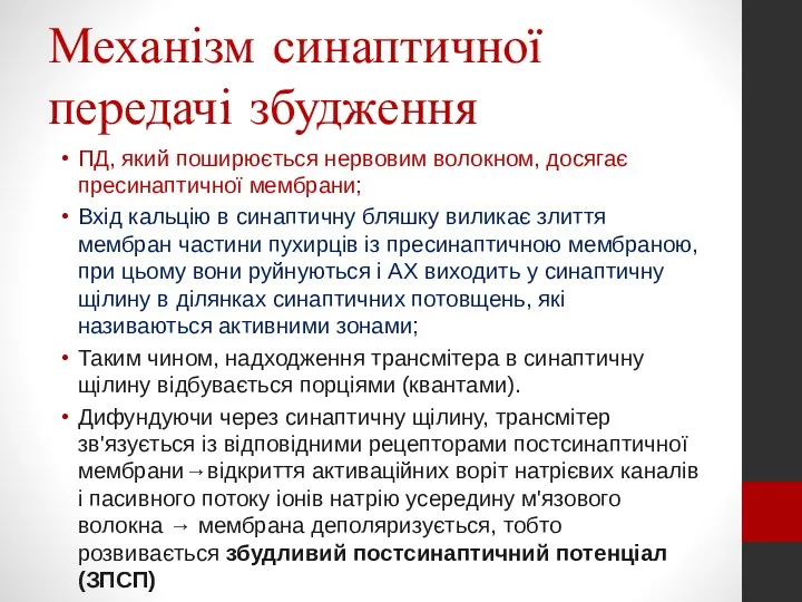 Механізм синаптичної передачі збудження ПД, який поширюється нервовим волокном, досягає