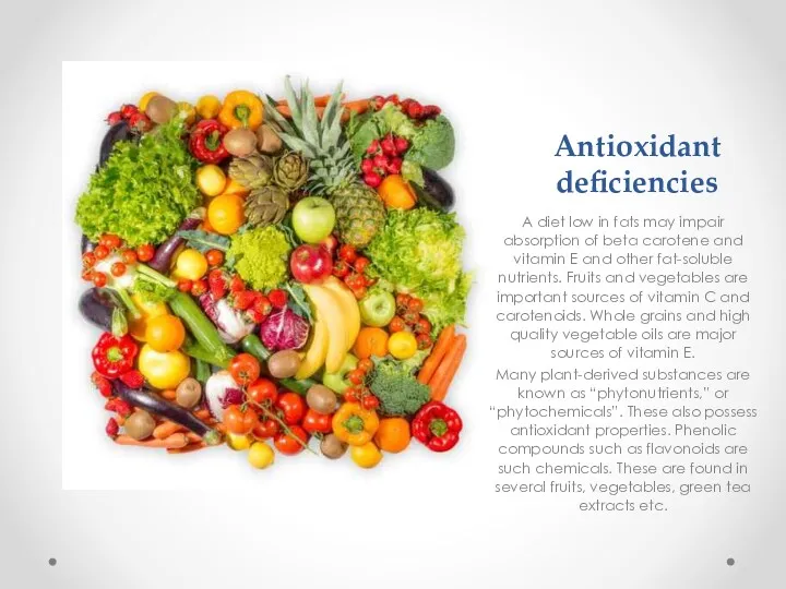 Antioxidant deficiencies A diet low in fats may impair absorption