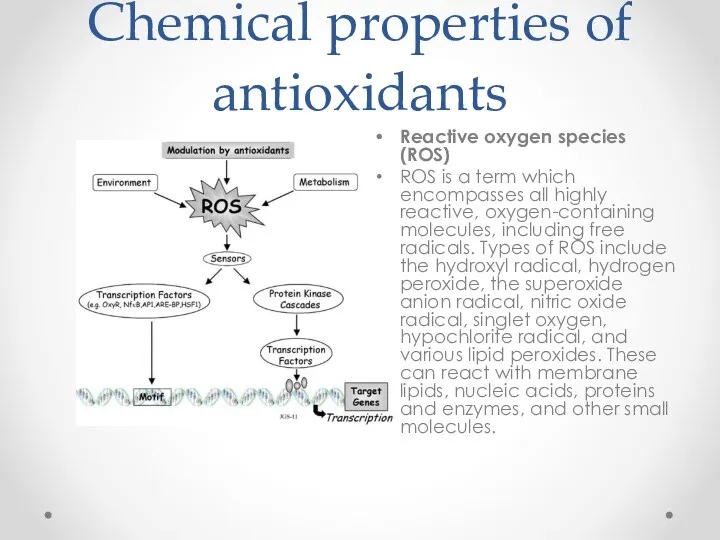 Сhemical properties of antioxidants Reactive oxygen species (ROS) ROS is