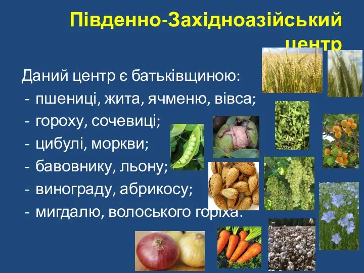 Південно-Західноазійський центр Даний центр є батьківщиною: пшениці, жита, ячменю, вівса;