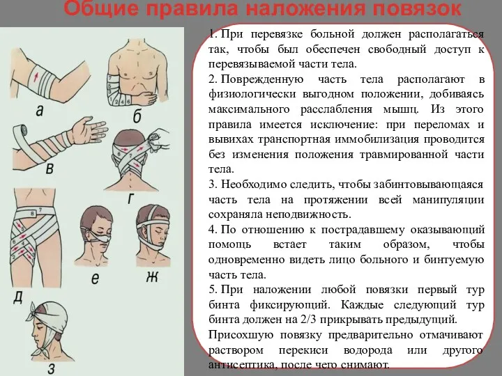 Общие правила наложения повязок 1. При перевязке больной должен располагаться