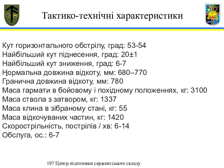 . 197 Центр підготовки сержантського складу Кут горизонтального обстрілу, град: