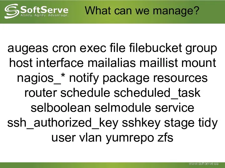 What can we manage? augeas cron exec file filebucket group