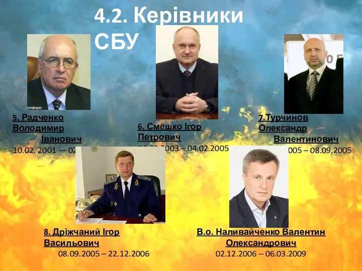 4.2. Керівники СБУ 5. Радченко Володимир Іванович 10.02. 2001 — 02.09.2003 6. Смешко