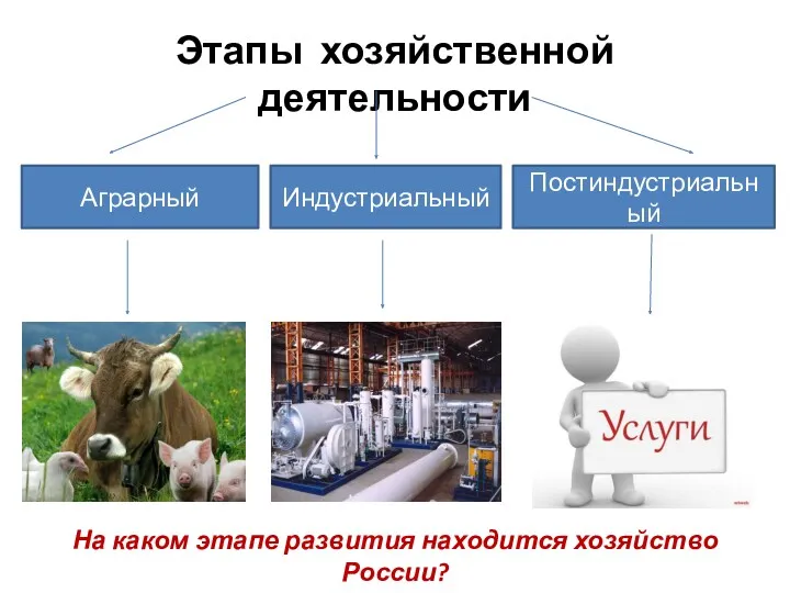 Этапы хозяйственной деятельности Аграрный Индустриальный Постиндустриальный На каком этапе развития находится хозяйство России?