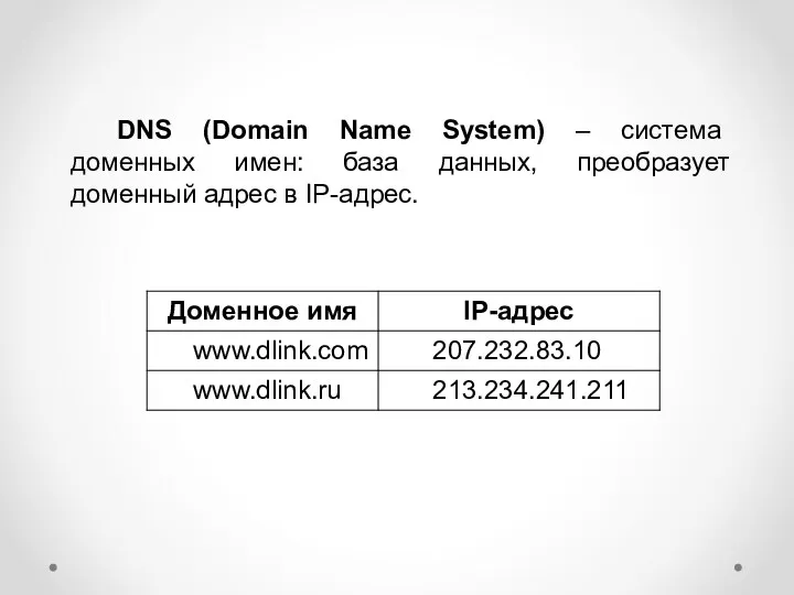 DNS (Domain Name System) – система доменных имен: база данных, преобразует доменный адрес в IP-адрес.