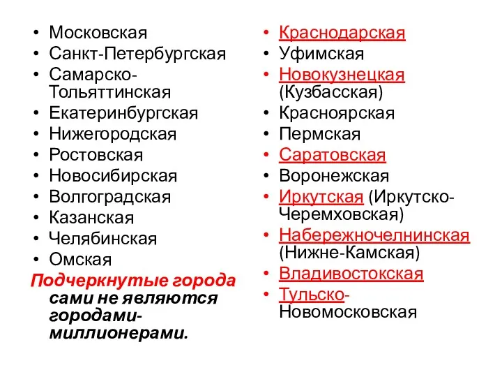 Московская Санкт-Петербургская Самарско-Тольяттинская Екатеринбургская Нижегородская Ростовская Новосибирская Волгоградская Казанская Челябинская