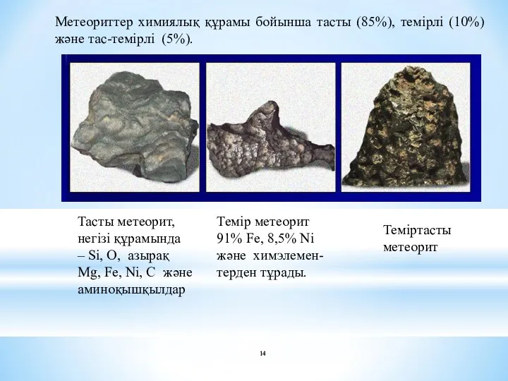 Метеориттер химиялық құрамы бойынша тасты (85%), темірлі (10%) және тас-темірлі