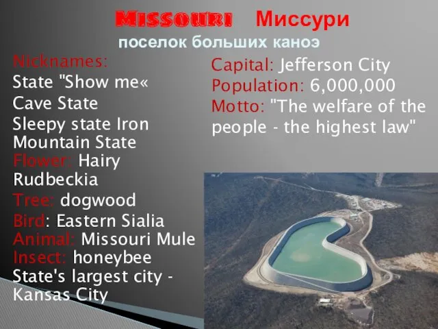 Nicknames: State "Show me« Cave State Sleepy state Iron Mountain State Flower: Hairy