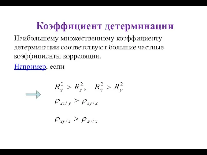 Коэффициент детерминации Наибольшему множественному коэффициенту детерминации соответствуют большие частные коэффициенты корреляции. Например, если