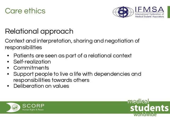 Care ethics Relational approach Context and interpretation, sharing and negotiation
