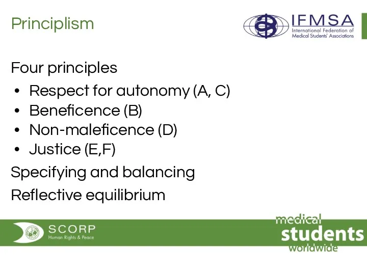 Principlism Four principles Respect for autonomy (A, C) Beneficence (B)