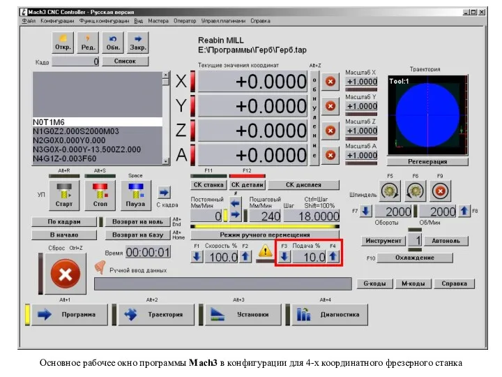 Основное рабочее окно программы Mach3 в конфигурации для 4-х координатного фрезерного станка