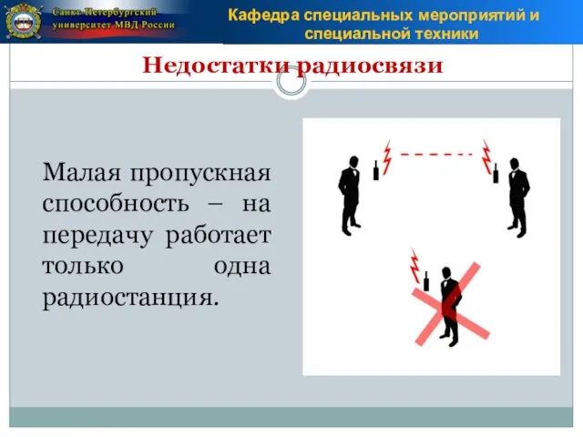 Недостатки радиосвязи Малая пропускная способность – на передачу работает только одна радиостанция.