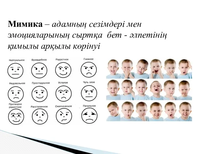 Мимика – адамның сезімдері мен эмоцияларының сыртқа бет - әлпетінің қимылы арқылы көрінуі