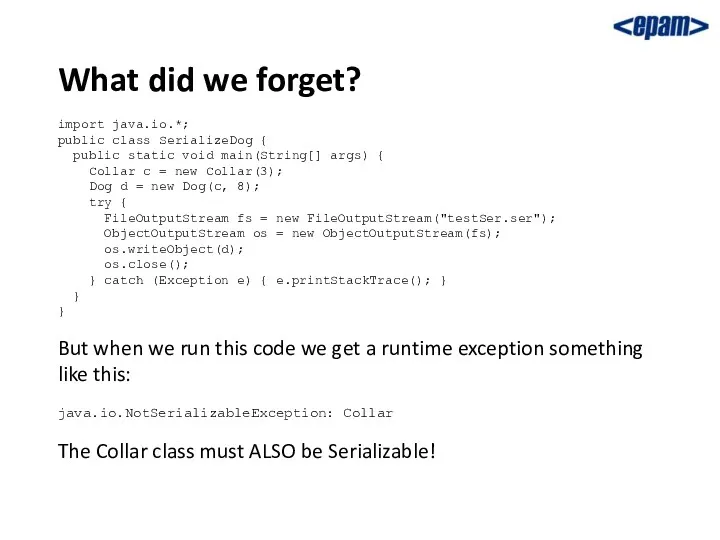 What did we forget? import java.io.*; public class SerializeDog {