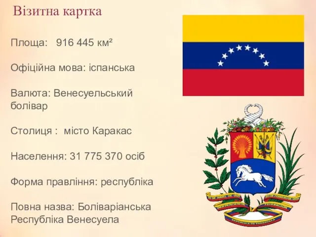 Візитна картка Площа: 916 445 км² Офіційна мова: іспанська Валюта: