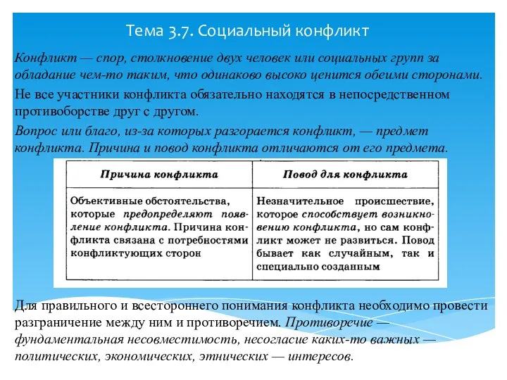 Тема 3.7. Социальный конфликт Конфликт — спор, столкновение двух человек