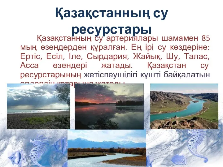 Қазақстанның су ресурстары Қазақстанның су артериялары шамамен 85 мың өзендерден құралған. Ең ірі