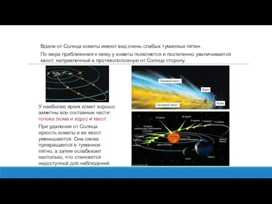 Вдали от Солнца кометы имеют вид очень слабых туманных пятен.