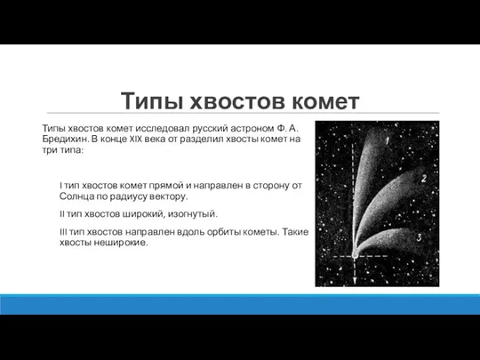 Типы хвостов комет Типы хвостов комет исследовал русский астроном Ф.