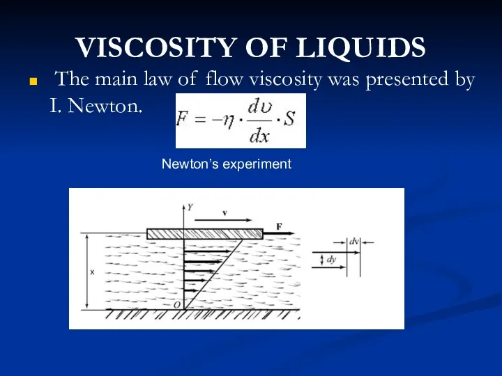 VISCOSITY OF LIQUIDS The main law of flow viscosity was presented by I. Newton. Newton’s experiment