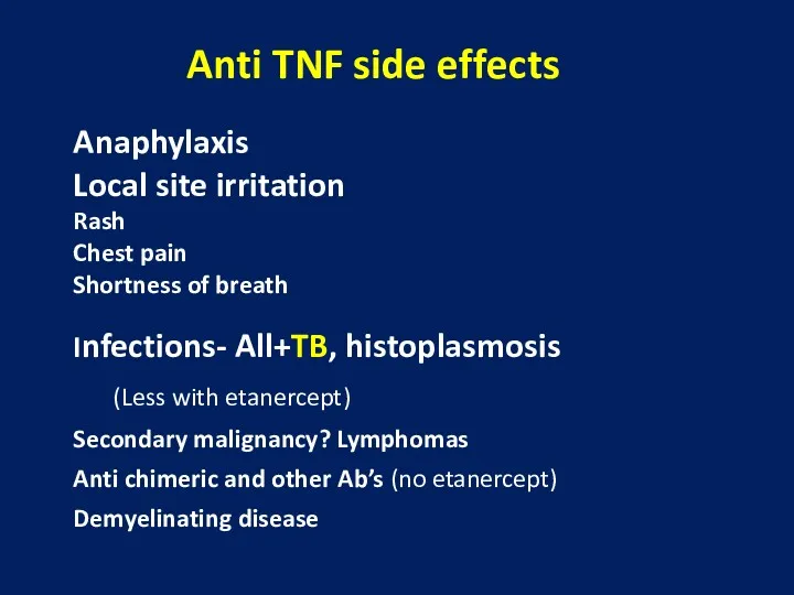 Anti TNF side effects Anaphylaxis Local site irritation Rash Chest