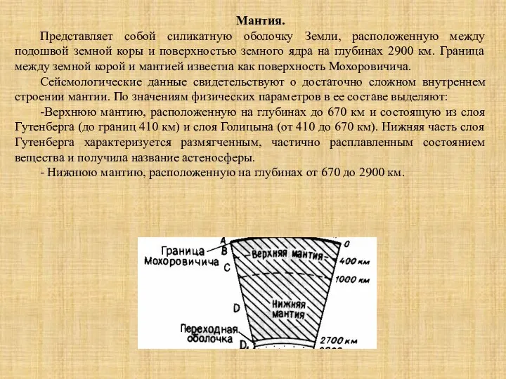 Мантия. Представляет собой силикатную оболочку Земли, расположенную между подошвой земной