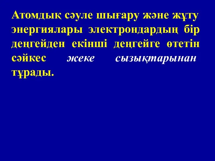 Атомдық сәуле шығару және жұту энергиялары электрондардың бір деңгейден екінші деңгейге өтетін сәйкес жеке сызықтарынан тұрады.