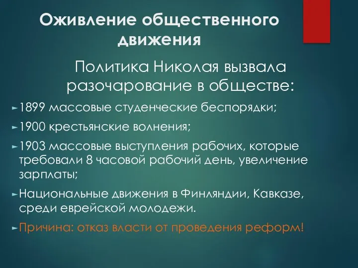 Оживление общественного движения Политика Николая вызвала разочарование в обществе: 1899