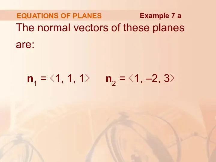 EQUATIONS OF PLANES The normal vectors of these planes are: