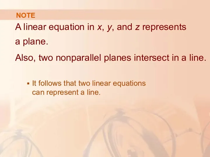 NOTE A linear equation in x, y, and z represents