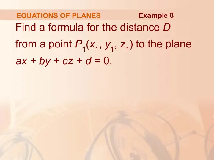 EQUATIONS OF PLANES Find a formula for the distance D