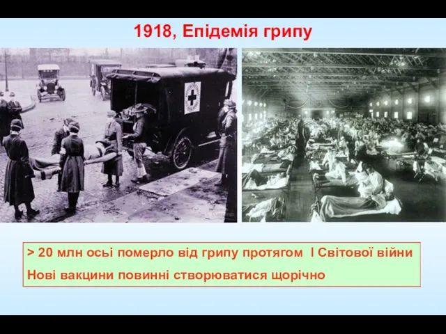 1918, Епідемія грипу > 20 млн осьі померло від грипу