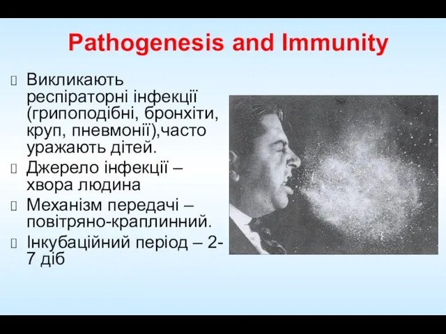 Pathogenesis and Immunity Викликають респіраторні інфекції (грипоподібні, бронхіти, круп, пневмонії),часто