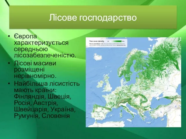 Лісове господарство Європа характеризується середньою лісозабезпеченістю. Лісові масиви розміщені нерівномірно. Найбільша лісистість мають