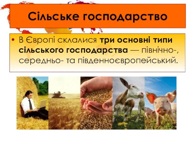 Сільське господарство В Європі склалися три основні типи сільського господарства — північно-, середньо- та південноєвропейський.