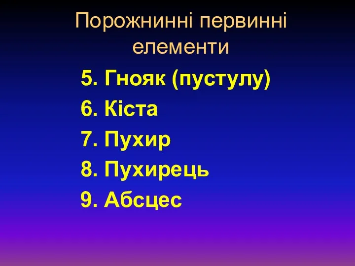 Порожнинні первинні елементи 5. Гнояк (пустулу) 6. Кіста 7. Пу­хир 8. Пухирець 9. Абсцес