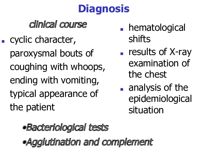 Diagnosis clinical course cyclic character, paroxysmal bouts of coughing with whoops, ending with
