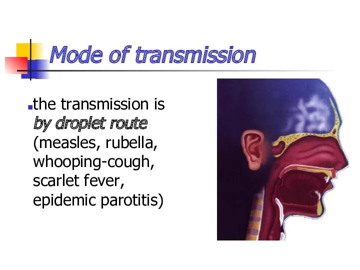 Mode of transmission the transmission is by droplet route (measles, rubella, whooping-cough, scarlet fever, epidemic parotitis)