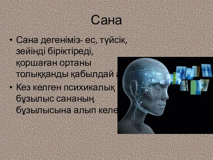 Сана Сана дегеніміз- ес, түйсік, зейінді біріктіреді, қоршаған ортаны толыққанды