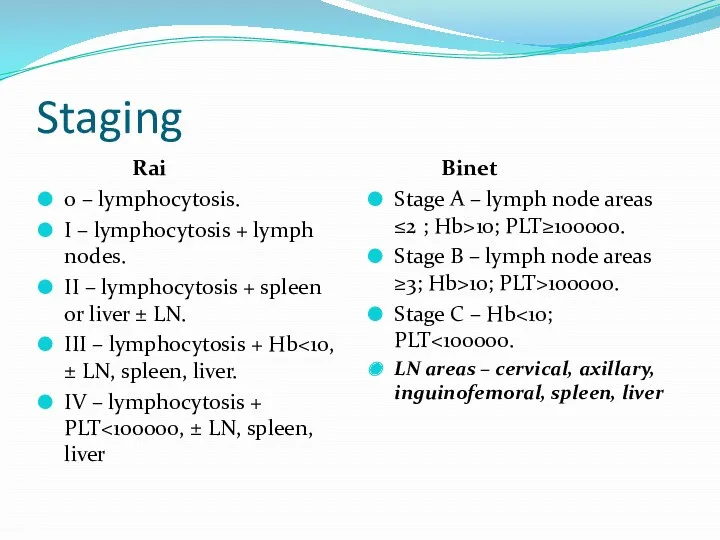 Staging Rai 0 – lymphocytosis. I – lymphocytosis + lymph