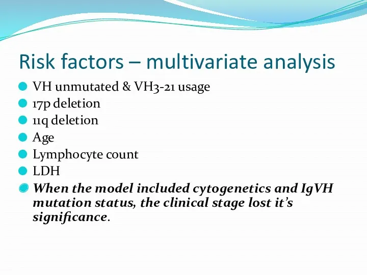 Risk factors – multivariate analysis VH unmutated & VH3-21 usage
