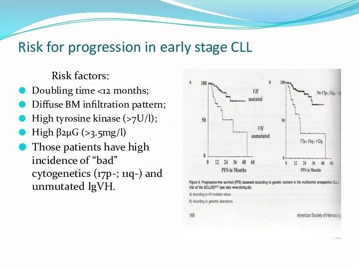 Risk for progression in early stage CLL Risk factors: Doubling