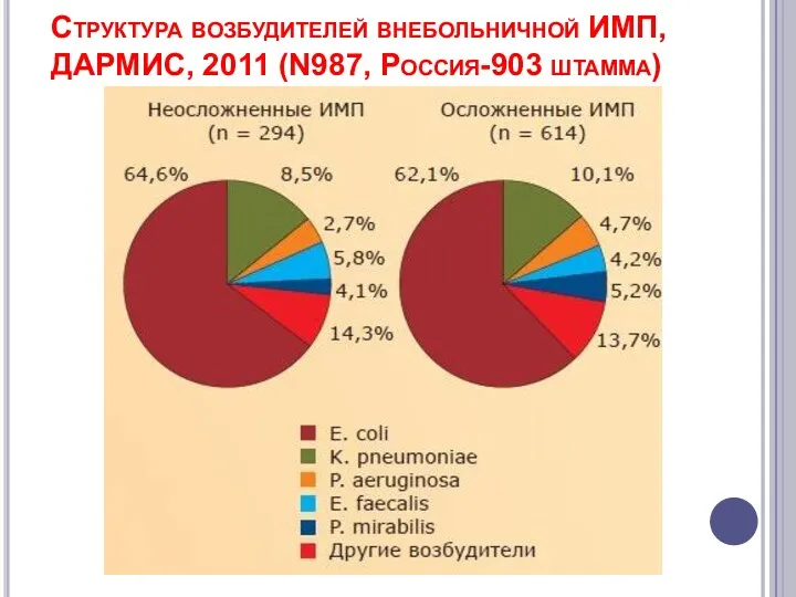 Структура возбудителей внебольничной ИМП, ДАРМИС, 2011 (N987, Россия-903 штамма)
