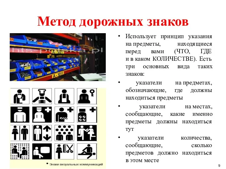 Метод дорожных знаков Использует принцип указания на предметы, находящиеся перед вами (ЧТО, ГДЕ